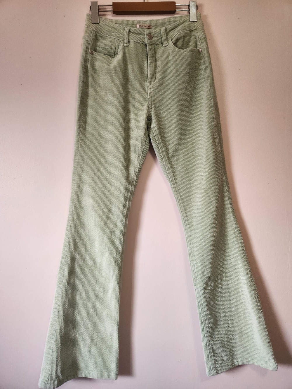 EsQualo Flared Leg High Rise Light Mint Green Corduroy Pants Size 6 Like New